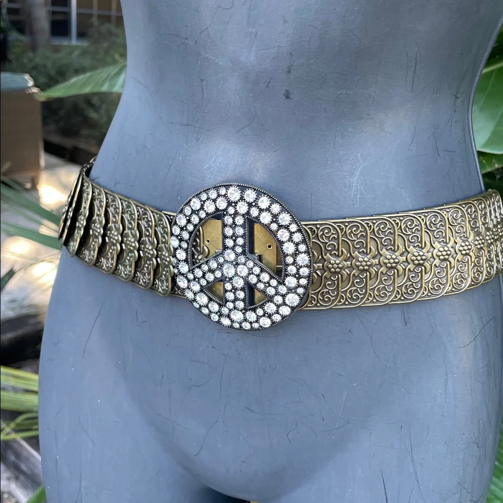 Rhinestone peace, sign, gold chain belt